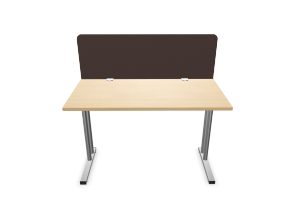 E10 Desk C-LEG, Farbe Eiche, Gestellfarbe Alusilber, Sichtschutzfarbe Dunkelbraun
